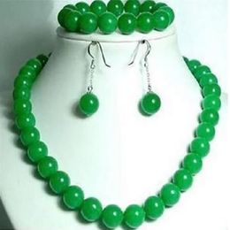 Beautiful 10mm Green Natural stone Beads Necklace 18" Bracelet 7.5" Earrings