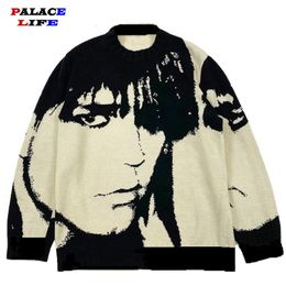 Men's Sweaters Mens Streetwear Harajuku Vintage Retro Japanese Style Anime Portrait Print Knitted Autumn Cotton Pullover 221121