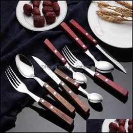 Flatware Sets Natural Dinnerware Sets Wooden Handle 304 Stainless Steel Flatware Fork Knife Teaspoon Spoon Kitchen Bar Utensil Suppl Dh3E1