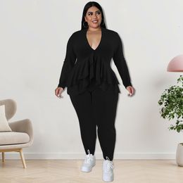 Women's Plus Size Tracksuits Perl Plus Size Women V Neck Ruffles Hem Top Leggings Sets Fall Two Piece Sets Female Outfit Solid Stretch Tracksuit Xl5xl 221121