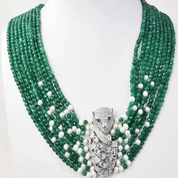 fashion Jewelry 18" 9 Strands Green Agate White Pearl Necklace