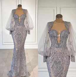 Abiti da sera in pizzo a sirena di lusso con perline e maniche lunghe, abito da ballo, abiti da festa formali, abiti da spettacolo, vestido de novia