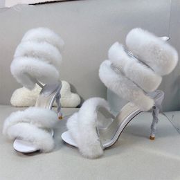 2023 Summer New Plush High heel Sandals Women Luxury Fashion Week Runway Dance Party Shoes Black White Hairy Fur Sandals