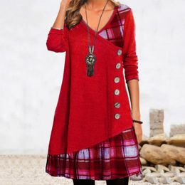 Casual Dresse s Long Sleeve V Neck Patchwork Decorated Button Plaid Print 221121