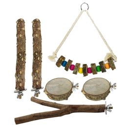 Other Pet Supplies Natural Wooden Parrot Toys Set 6 Pieces Bird Standing Toys Kit Includes Sticks Stump Swing Budgies Macaws Plaything Set 221122