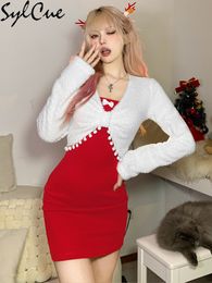 Two Piece Dress Sylcue Simple White Casual Lace Coat With Red Sexy Festive Bright High Elastic Knitted Women'S Two Piece Set 221122