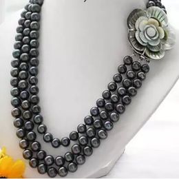 Jew3116 triple strands natural 8-9mm tahitian black pearl necklace 17-19inch NEW