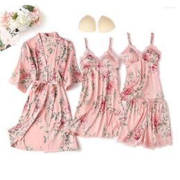 Home Clothing Kimono Bathrobe Gown Satin 4PCS Pyjamas Suit Women Print Flower Sleepwear Soft Intimate Lingerie Lace Nightgown Homewear