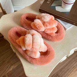 LargeSize Thick Soles Hairy Shoes Women CrossGradient Rabbit Hair Comfortable Warm Gentleman Home Wool Cotton Fur Slippers J220716