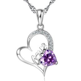 Pendant Necklaces Jewellery Women's Heart Shape Amethyst LOVE Diamond Pendant Necklace