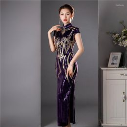 Ethnic Clothing Exquisite Sexy Velvet Cheongsam Female Qipao Classic Mandarin Collar Chinese Dress Gown Novelty Party Prom High Split