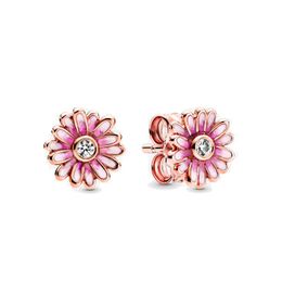 Rose Gold Pink Daisy Flower Stud Earrings with Original Box for Pandora Sterling Silver Fashion Women Jewelry Girlfriend Gift CZ diamond Earring Set