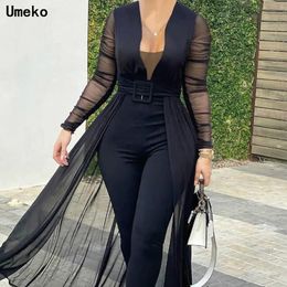 Women's Jumpsuits Rompers Women Solid Color V-neck Belted Skinny See Through Transparent Long Sleeve Sexy Plus Size Bodysuit Overall 221122
