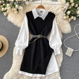 Two Piece Dress Nomikuma Elegant Pieces Sets Long Sleeve Blouse es Knitted Sleeveless Vest Korean Belt Slim Waist Suits 6V908 221122