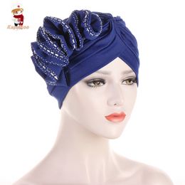 Diamonds Flower Turbans for Women Ruffle Muslim Turban Bonnet Musulman Islamic Headwear Indian Hat Lady Hair Accessories
