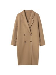 Women's Wool Blends Women Double Breasted Loose Woollen Coat Lapel Collar Long Sleeves Solid Casual Oversize Autumn Winter 221122