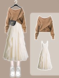 Two Piece Dress Xgoth Oversize Women's Autumn Suit Female Grunge Style Loose Knitted Sweater Suspender Two piece Elegant Sets 221122