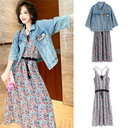 Two Piece Dress Fashion Top Women's Jacket Spring Denim Coat And Floral Print Set Women Outfits Vestido Feminino SL 7 221122