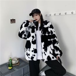 Womens Jackets Korean Winter Fashion Coat Harajuku Cows Printing Loose Full Sleeve Leather Jacket Vintage Flannel Keep Warm Cotton Clothes 221122