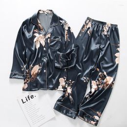 Home Clothing Women Pyjamas Suit Satin Print Flower Loungewear Pyjamas Pour Femme Casual Top&Trousers Set Summer Bathrobe Clothes