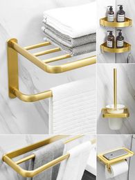 Bath Accessory Set Hardware Brushed Gold Aluminum Luxury Towel Rack Bar Corner Shelf Paper Holder Toilet Brush Nail Punched