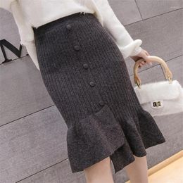Skirts Autumn Winter Gray Knitted Fashion Sexy Bag Hip Skirt Fishtail Long Section Lotus Leaf Irregular Wool Commuter