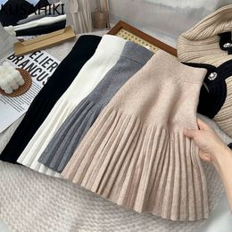 Skirts KUSAHIKI Elastic High Waist Pleated Aline Sweater Women Autumn Winter Korean Causal Knitted Skirt Faldas Mujer Moda 221122