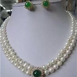new Fashion new Jewellery set Genuine 7-8mm white Pearl green Jade necklace earring