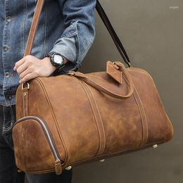 Duffel Bags High Quality Leather Travel Bag With Belt On Luggage Travelling Shoulder Shoe Pocket Men's Luxury Vintage Duffle
