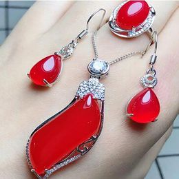 Red chalcedony three piece set 925 silver inlaid agate jade necklace pendant Ring Earring Set multi style