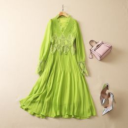 2023 Spring Pink / Green Solid Color Panelled Dress Long Sleeve V-Neck Pleated Midi Casual Dresses S2N221500