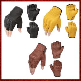 ST258 Genuine Goatskin Leather Motorcycle Gloves Motocross Fingerless Gloves Half Finger Summer Retro Vintage Yellow Racing Men Women