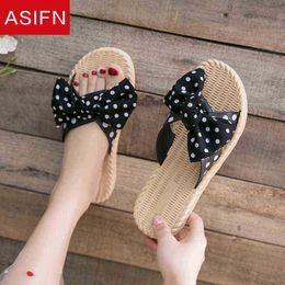 Asifn Sandals 2021 New Spring Summer Slippers For Women Outerwear Fashion Korean Bow Net Red Youth Ladies Flat Slippers J220716