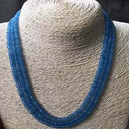 GENUINE TOP NATURAL 3 Rows 2X4mm FACETED Aquamarine Blue jade BEADS NECKLACE 17-18"