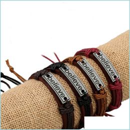 Charm Bracelets Believe Id Tag Charm Bracelets String Adjustable Leather Bracelet Wristband Bangle Cuff For Women Men Fashion Jewelr Dhiuc