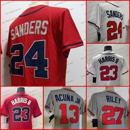 24 Deion Baseball Jersey 23 Harris II 27 Riley Acuna Jr. Grey Red White Mens Stitched Baseball Jerses Embroidered 2023 New