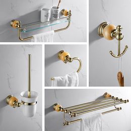 Bath Accessory Set Gold Bathroom Hardware Serie 304 Stainless Steel & Jade Towel Rack/Ring Paper/Toilet Brush Hair Drier Dual Cup Holder