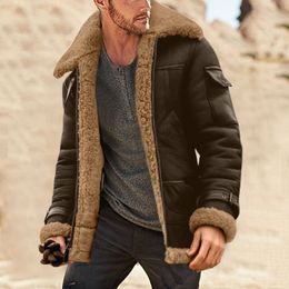 Men's Leather Faux Winter Coat Lapel Collar Long Sleeve Padded Jacket Vintage Thicken Sheepskin Windbreaker 221122