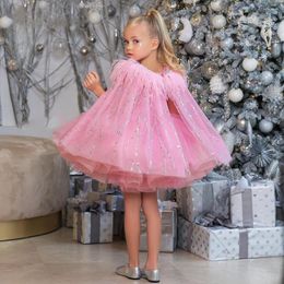 Girl Dresses Cute Puffy Pink Ball Gown Pageant Dress Sequins Cape Flower Tulle First Communion Year