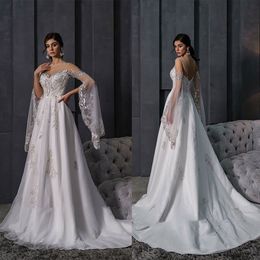 Luxurious A-line Wedding Dresses Unique Long Sleeves Design Sequins Flower Applicant Stain Zipper Backless Court Gown Custom Made Plus Size Vestidos De Novia