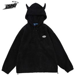 Hoodies Men Twist Knitting Demon Horns Solid Colour Zipper Coats Soft Cosy Hipster Tops Hip Hop Loose Casual Streetwear 2022 NEW Y2211