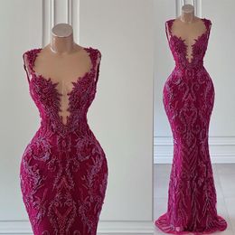 Plus Size Purplish Red Prom Dresses Lace Appliques arabic Beading Mermaid full length Sheer Neck Evening Dress robes