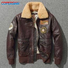 Men's Leather Faux G1 Thick Pilot Jacket Vintage Brown Loose Coat Wool Collar Classical Military Bomber 100% Natural Cowhide 221122