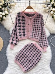 Two Piece Dress SINGREINY Fashion Plaid Knitted Pieces Suits Long Sleeve Short Sweater Cardigan Mini Bodycon Streetwear Autumn Sets L221122