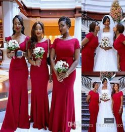 Dresses Chiffon Red Bridesmaid Sleeves Dark Short Scoop Neck Mermaid Floor Length Beach Wedding Guest Gowns Custom Made Plus Size