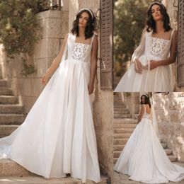 Berta Appliqued Wedding Dresses Square Neckline Bridal Gowns Pearls A Line Sweep Train Satin Vestido De Novia