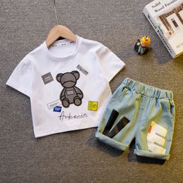 Sommar baby pojke kläder kort ärm bomull söt björn t-shirt byxor set modespår småbarn pojkar kläder