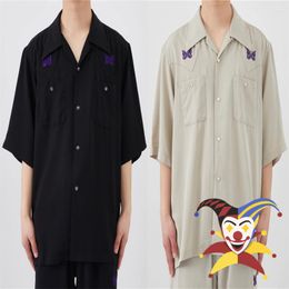 Men's T Shirts Purple Embroidered Needles Butterfly Logo Shirt Men Women High Street Pockets Oversize Button AWGE Blouse