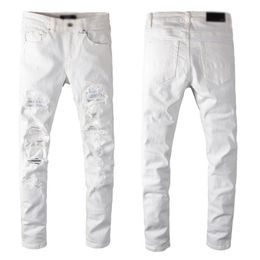 Men's Jeans Casual White high street ripped and diamond studded jeans men's patch stretch slim and skinny jeans