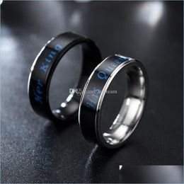 Band Rings Temperature Mood Her King His Queen Ring Band Stainless Steel Couple Engagement Wedding Rings Fashion Jewelry Gift Drop De Dhwvs